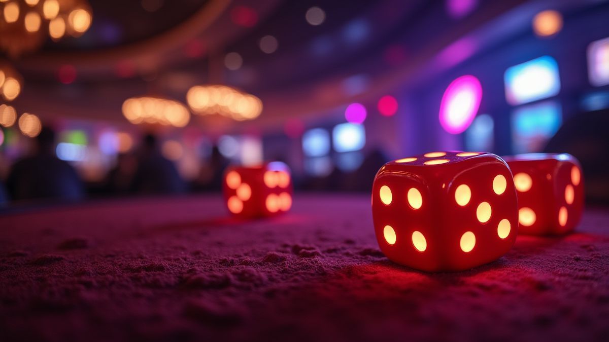 Um cassino animado com dados brilhantes e luzes coloridas.