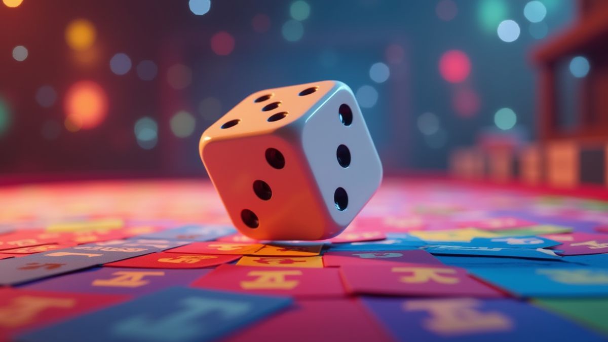 Um dado animado rolando em um tabuleiro de jogo vibrante.