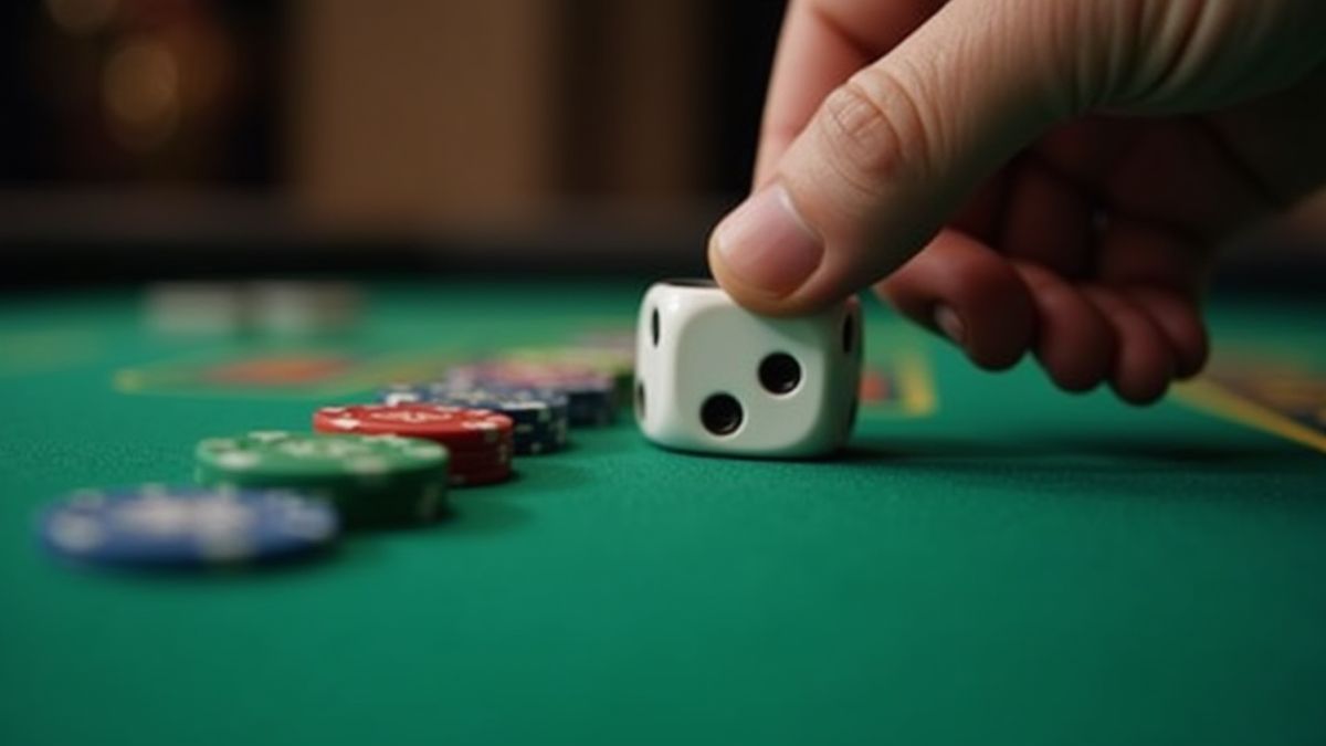 Hand placing chips and dice on a casino table