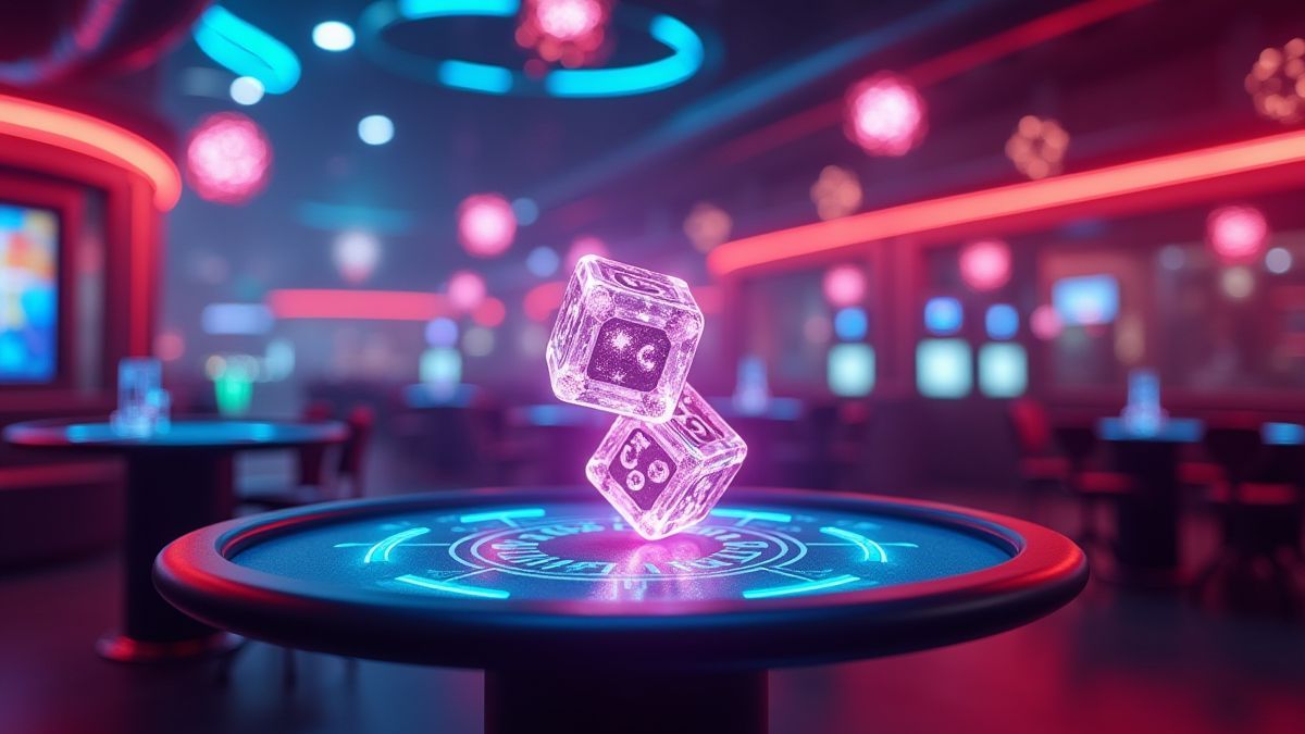 Intérieur de casino futuriste avec hologrammes et dés flottants.