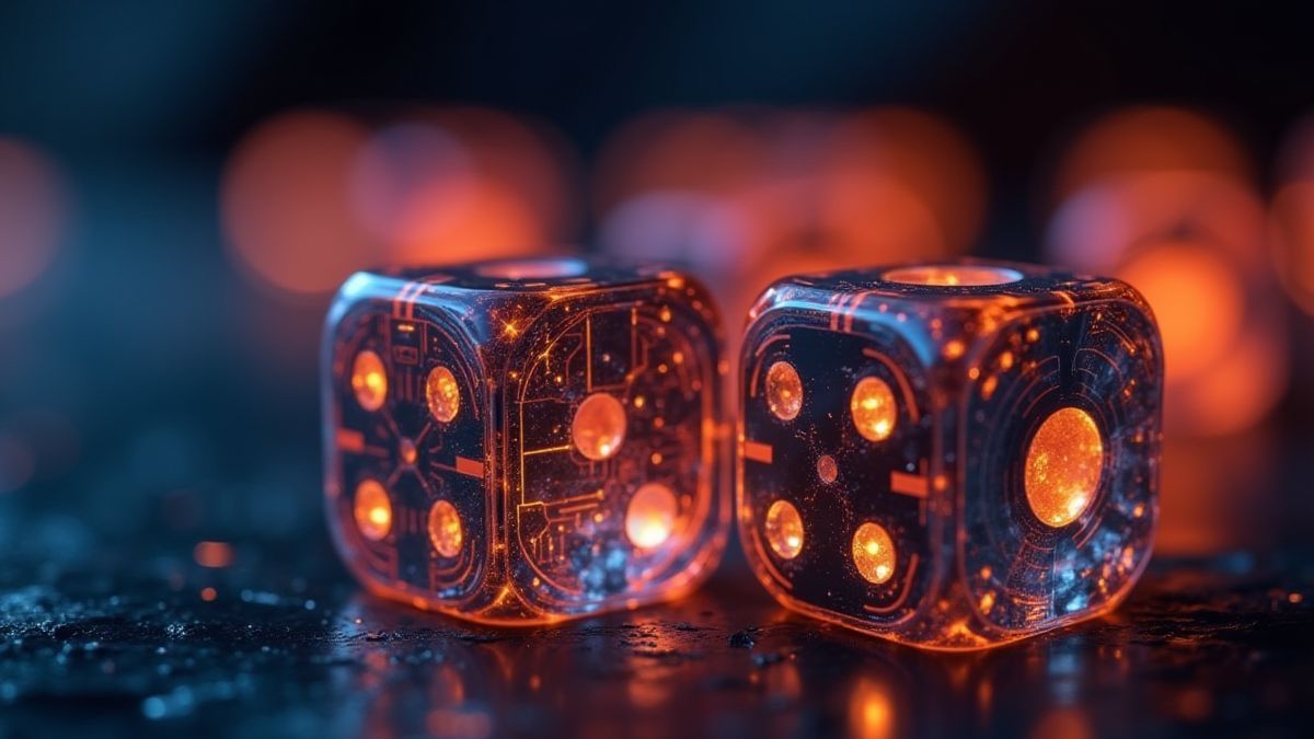 Gros plan sur des dés futuristes avec des motifs de circuit.