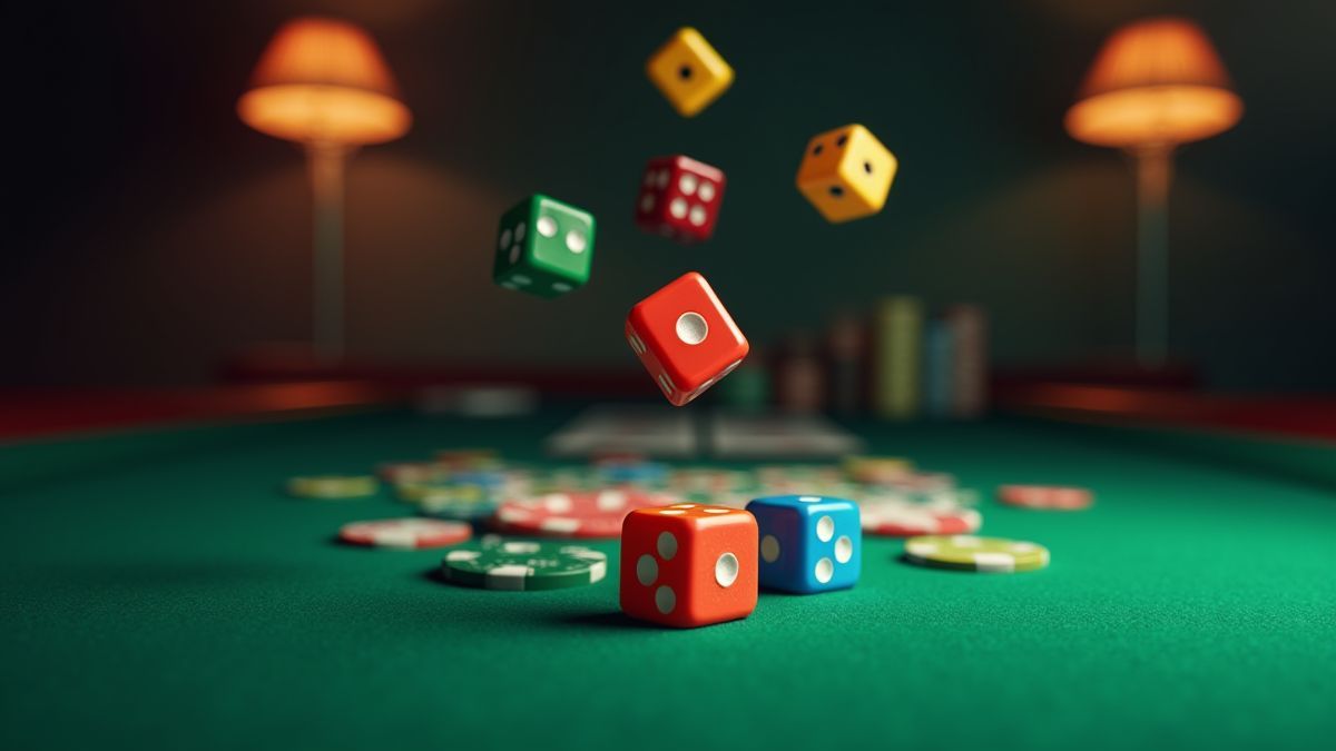Dados de cores caindo sobre uma mesa de cassino verde.