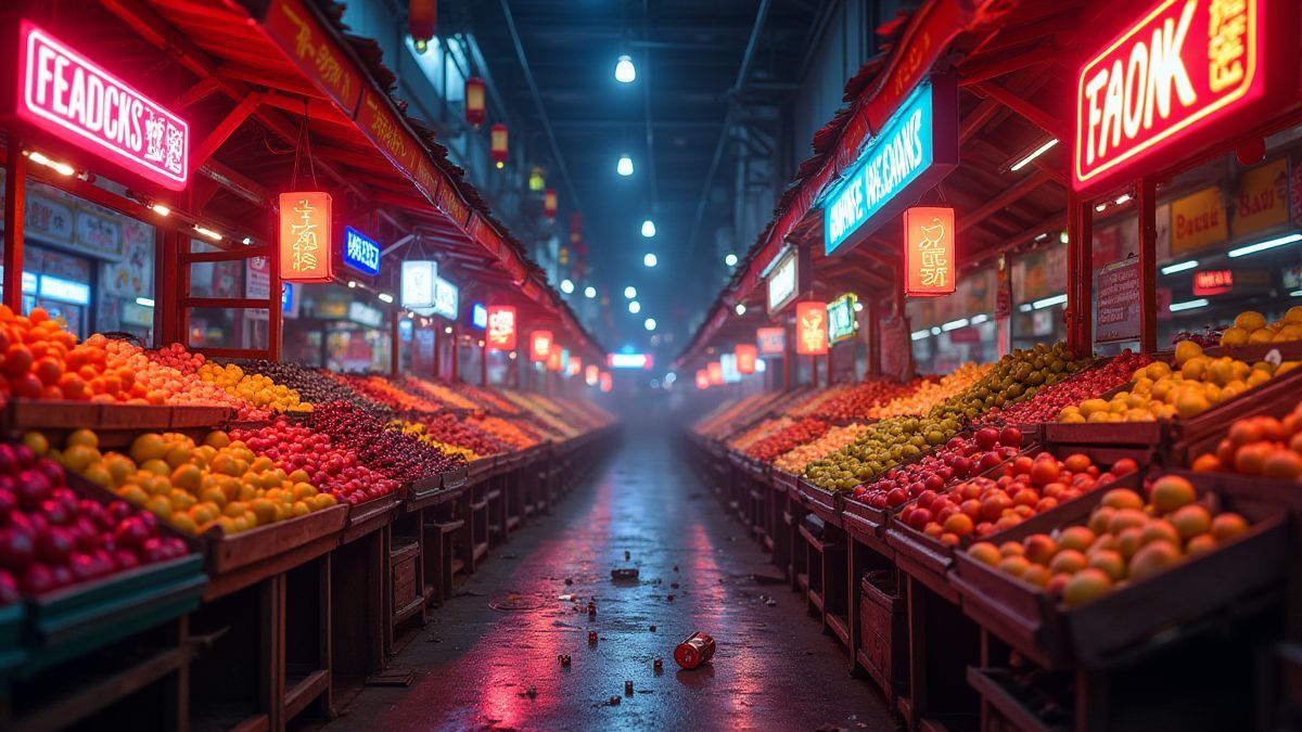 Mercado de frutas con luces de neón y dados dispersos.
