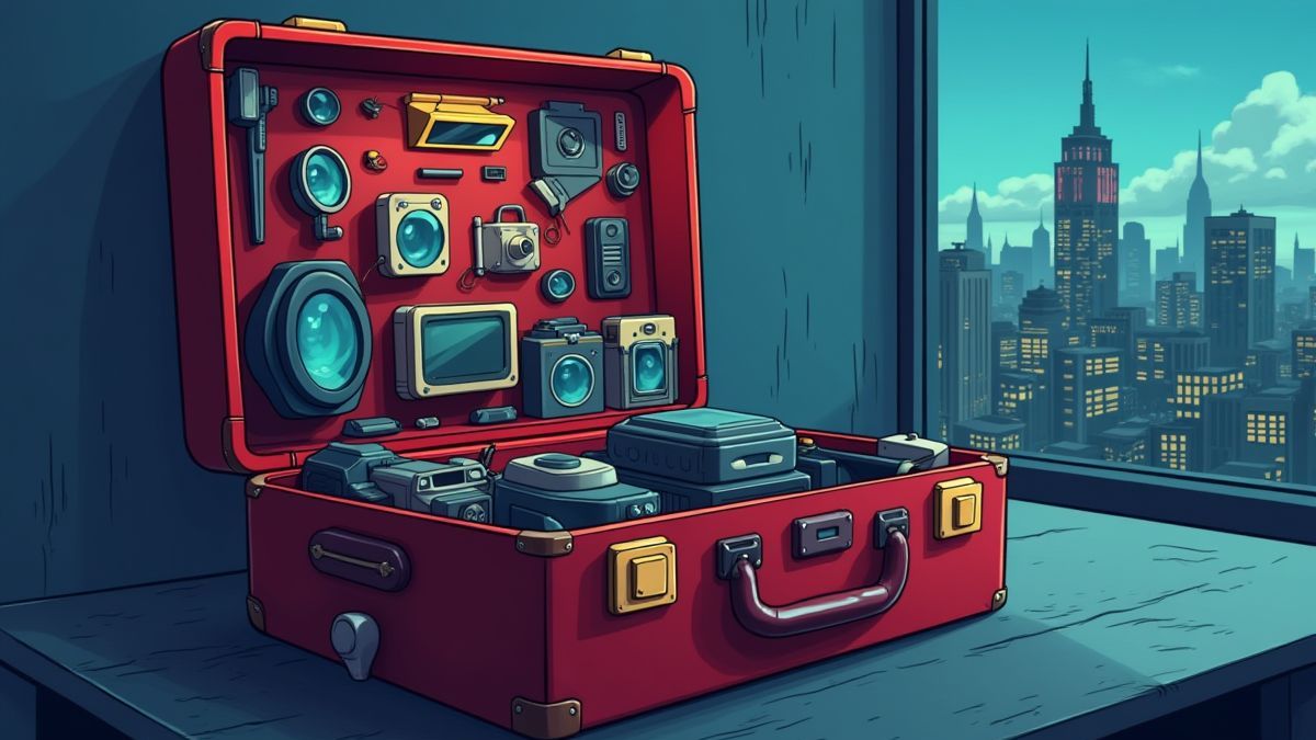 Un maletín lleno de artilugios de espía con una ciudad de fondo