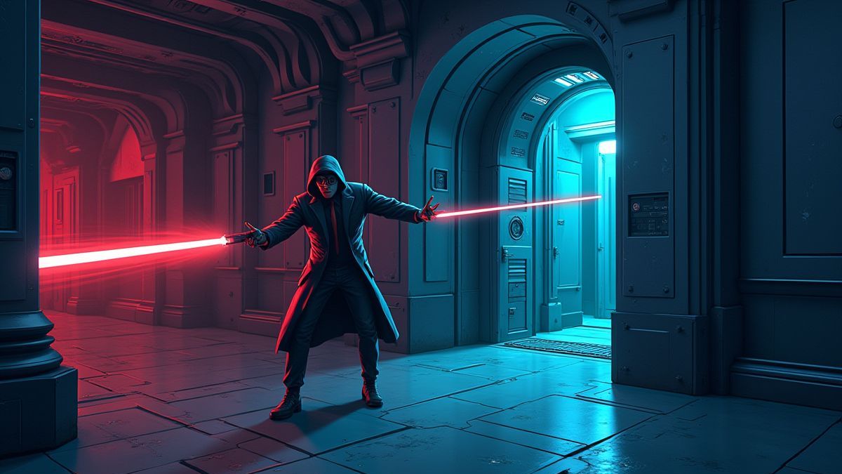 Un agent secret esquivant des lasers dans une chambre forte haute technologie