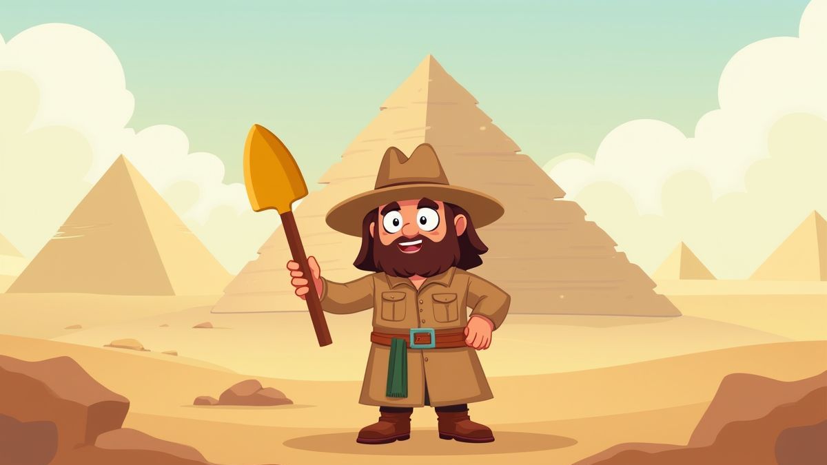 Ein Archäologe hält eine goldene Schaufel in einer Wüstenlandschaft mit Pyramiden im Hintergrund.