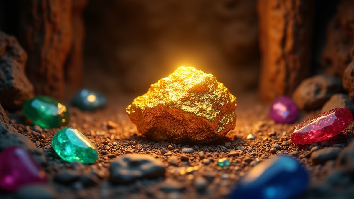 Gouden nugget omringd door edelstenen in een mijnschacht.