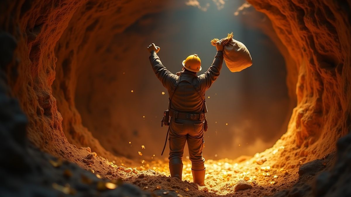 Een mijnwerker die viert met een zak goud in een mijn.