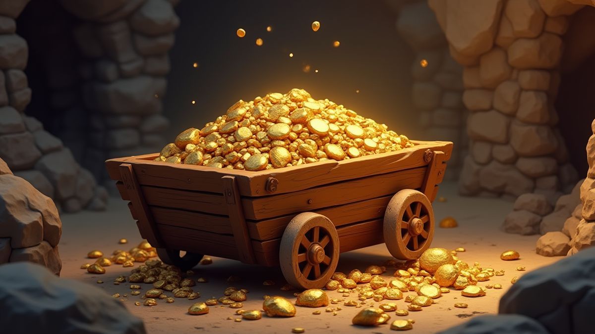 Houten mijnkar gevuld met goud en edelstenen in een mijn.