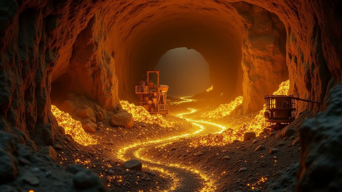 Een ondergrondse mijn vol stralende gouden nuggets en mijnbouw apparatuur