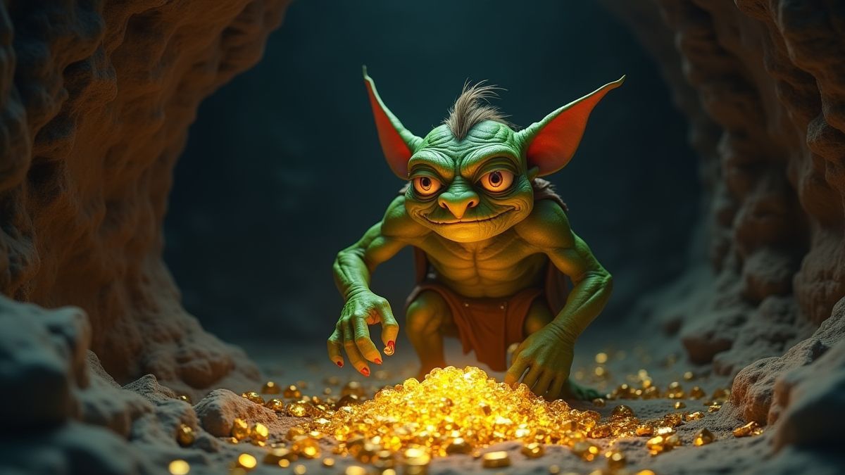 Een geanimeerde gremlin die goud beschermt in een ondergrondse grot