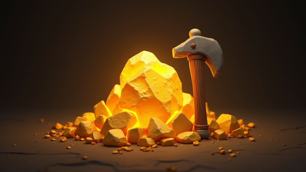 Een stralende gouden nugget met een mijnwerker's pikhouweel ertegenaan leunend