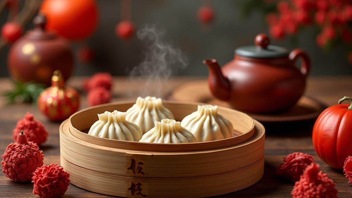 Mesa con canastas de bambú llenas de dumplings y una tetera en un entorno chino tradicional.
