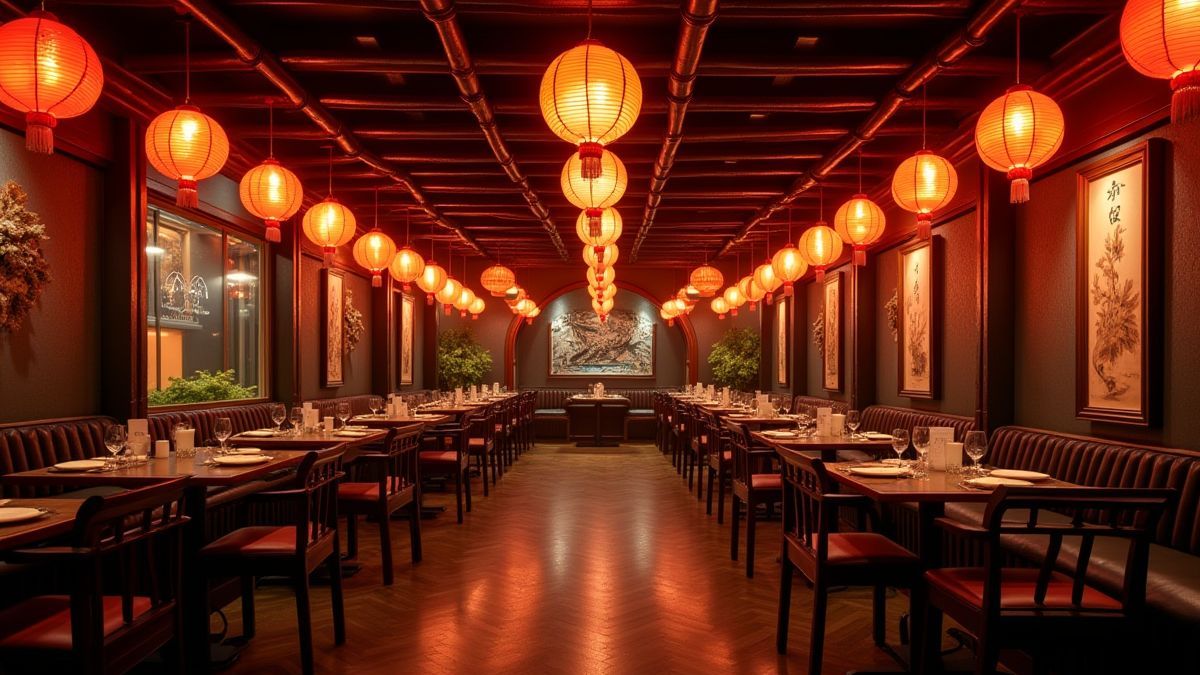 Restaurante chino acogedor con linternas tradicionales y decoración de bambú.