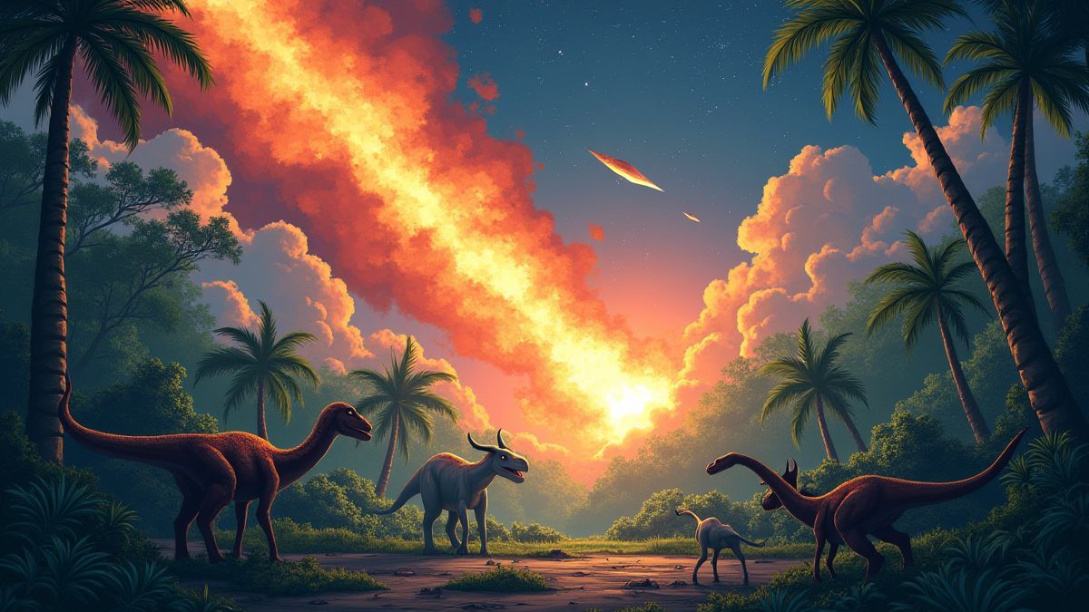 Meteorito impactando en una jungla prehistórica.