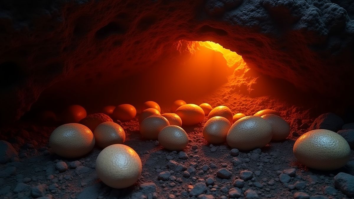 Huevos de dinosaurio brillando en una cueva volcánica.