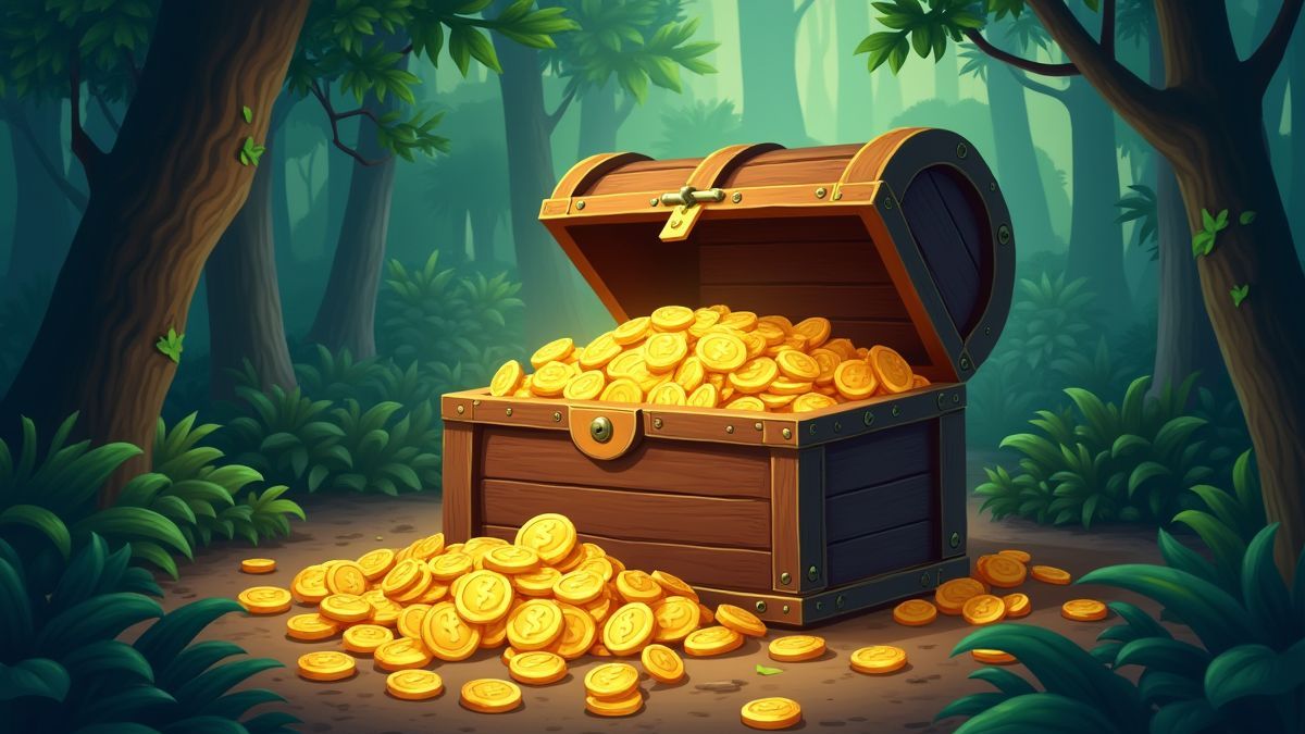 Eine Truhe voller Goldmünzen in einem prähistorischen Dschungel.