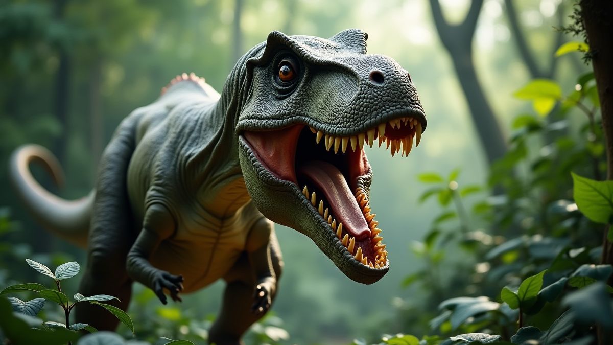 Um T-Rex rugindo em uma jungla frondosa.