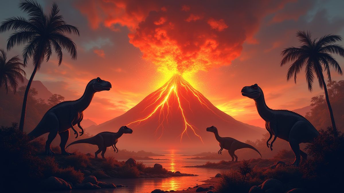 Um vulcão em erupção rodeado de dinossauros.