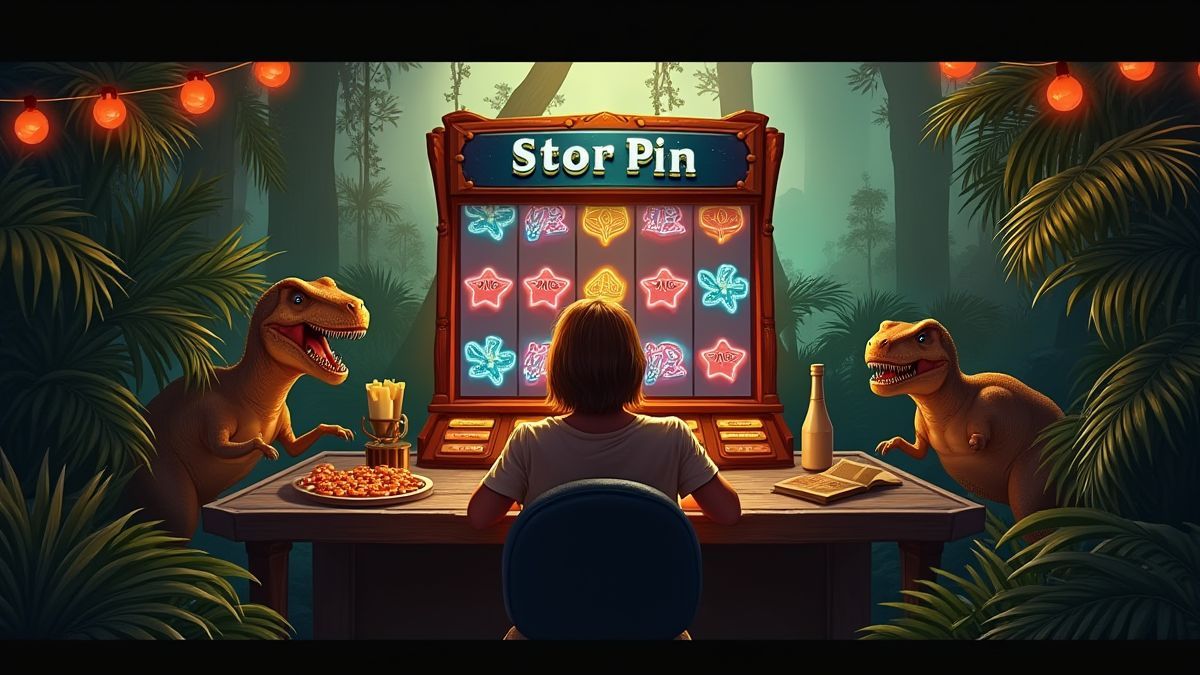 Um jogador em uma máquina caça-níqueis com decoração de dinossauros.