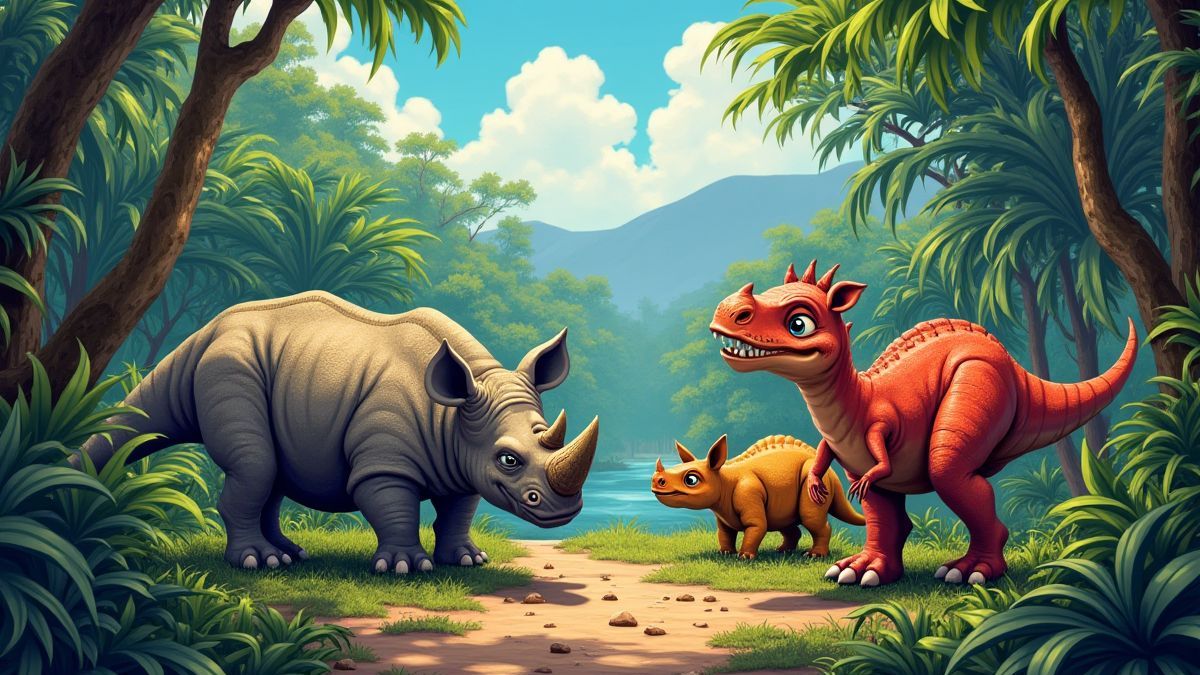 Uma cena vibrante de uma selva com dinossauros e rinocerontes.