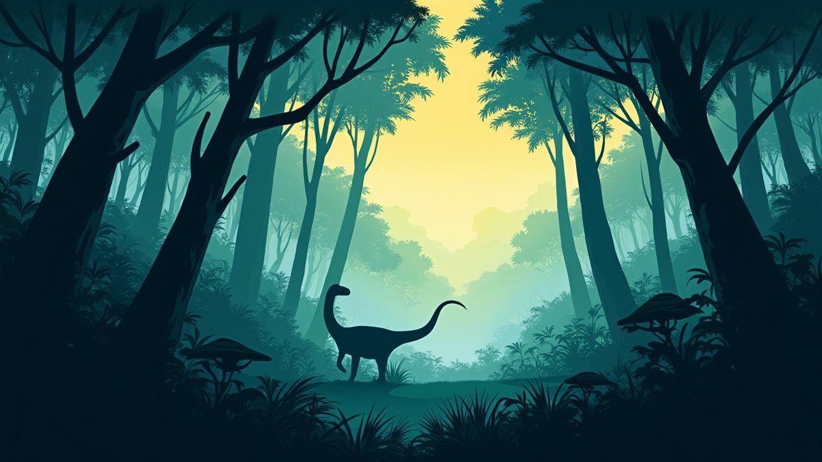 Un forêt tropicale avec des silhouettes de dinosaures au loin.