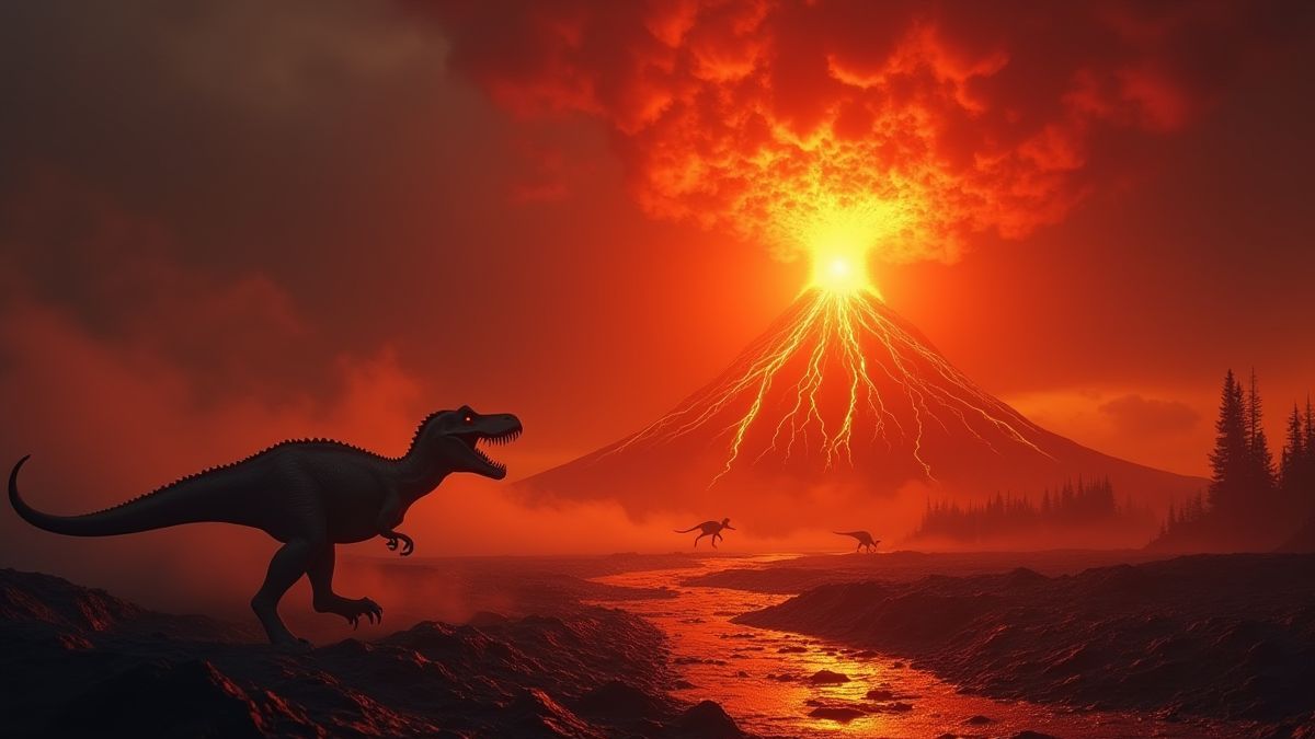 Un volcan en éruption avec des dinosaures courant au loin.