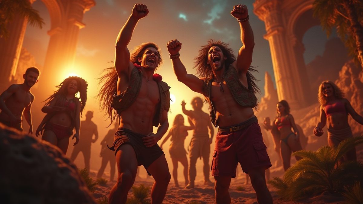 Joueurs célébrant leurs victoires dans un casino à thème préhistorique.