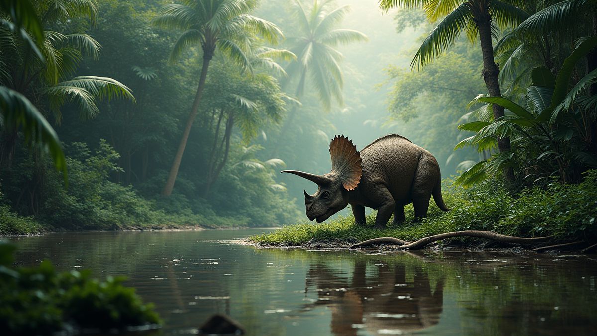 A Triceratops in a tropical jungle by a river