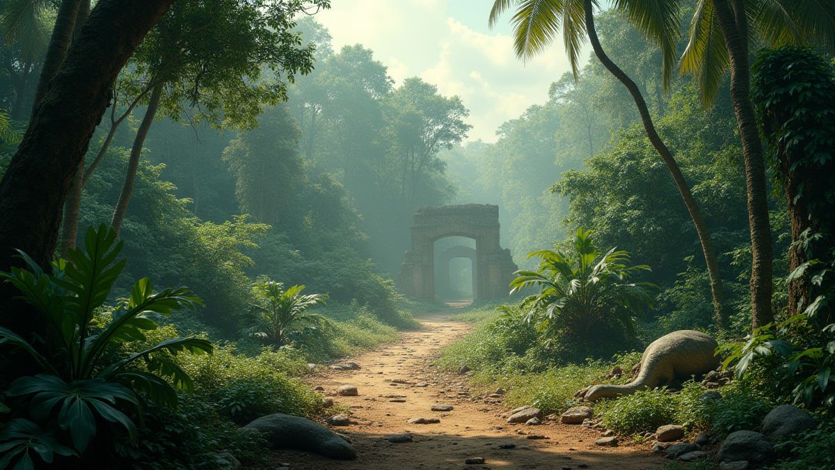 Dinosaur footprints in a prehistoric jungle.