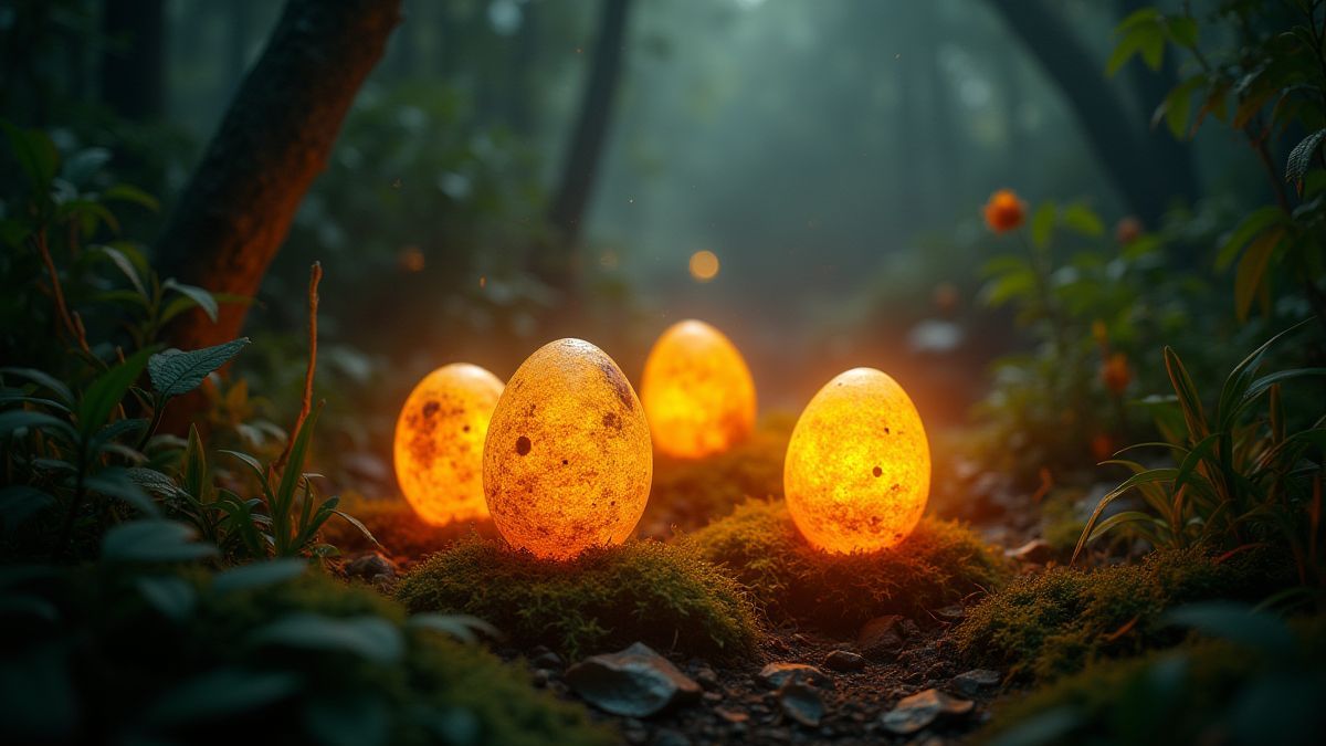 Golden eggs glowing in a mystical jungle.