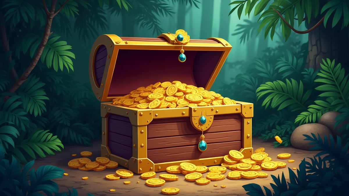 Treasure chest full of coins and jewels in a jungle.