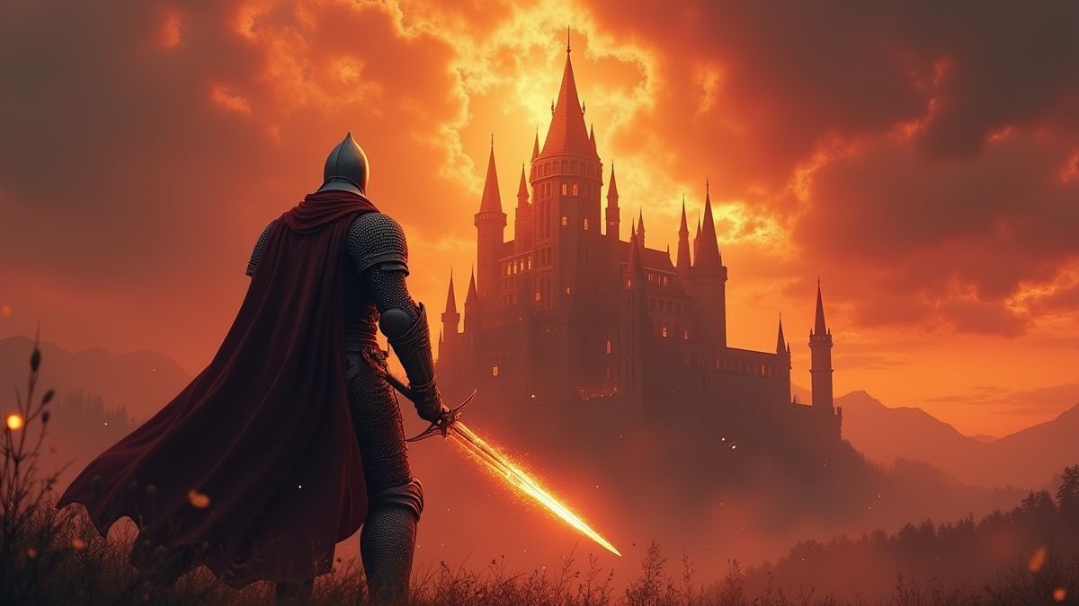Un chevalier médiéval avec une épée lumineuse devant un château.
