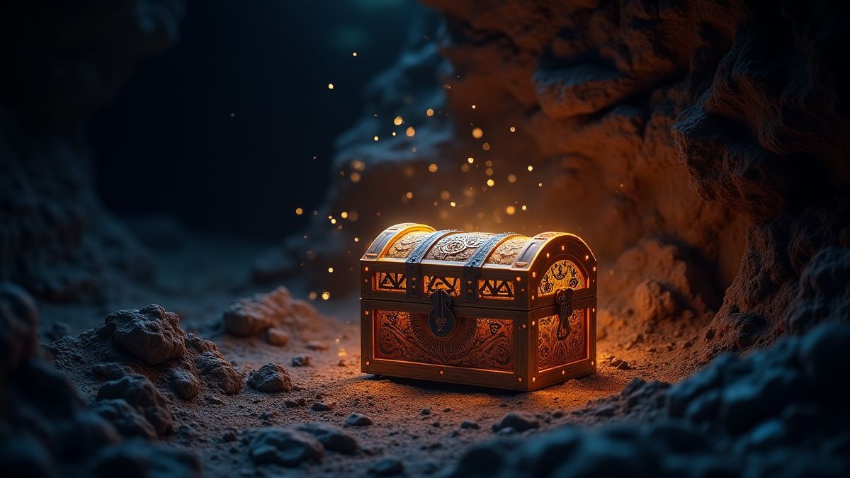 Un coffre au trésor brillant entouré de runes mystiques dans une grotte sombre.