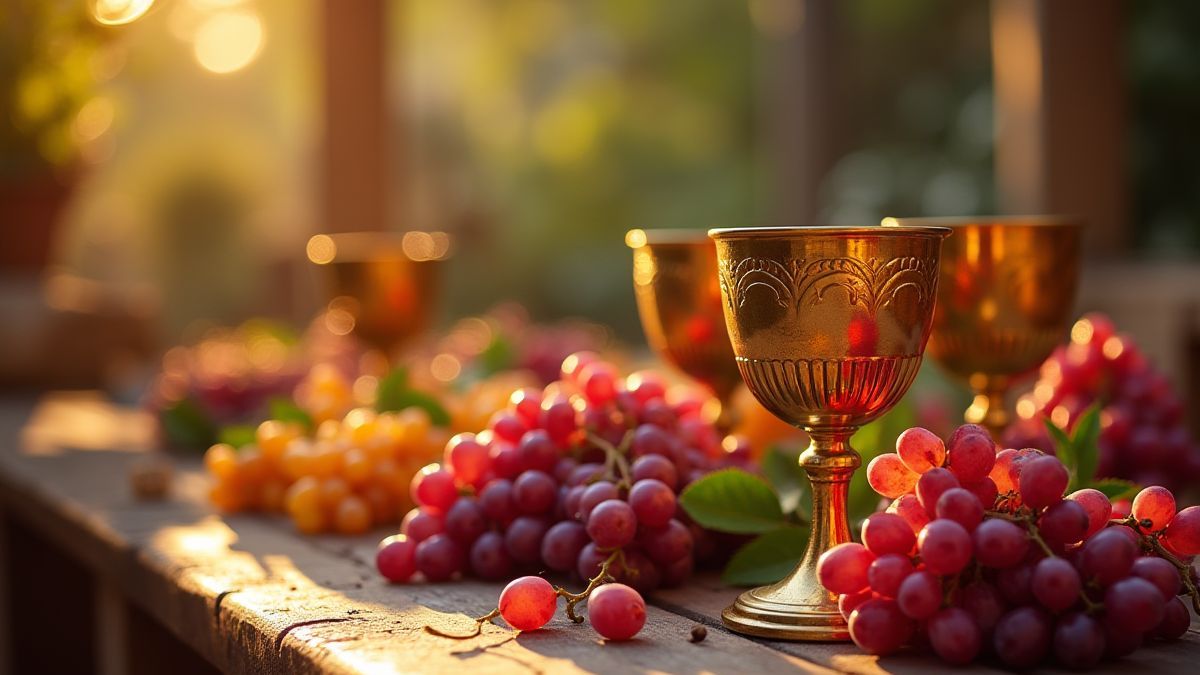 Escena de un banquete griego vibrante con uvas y copas doradas.