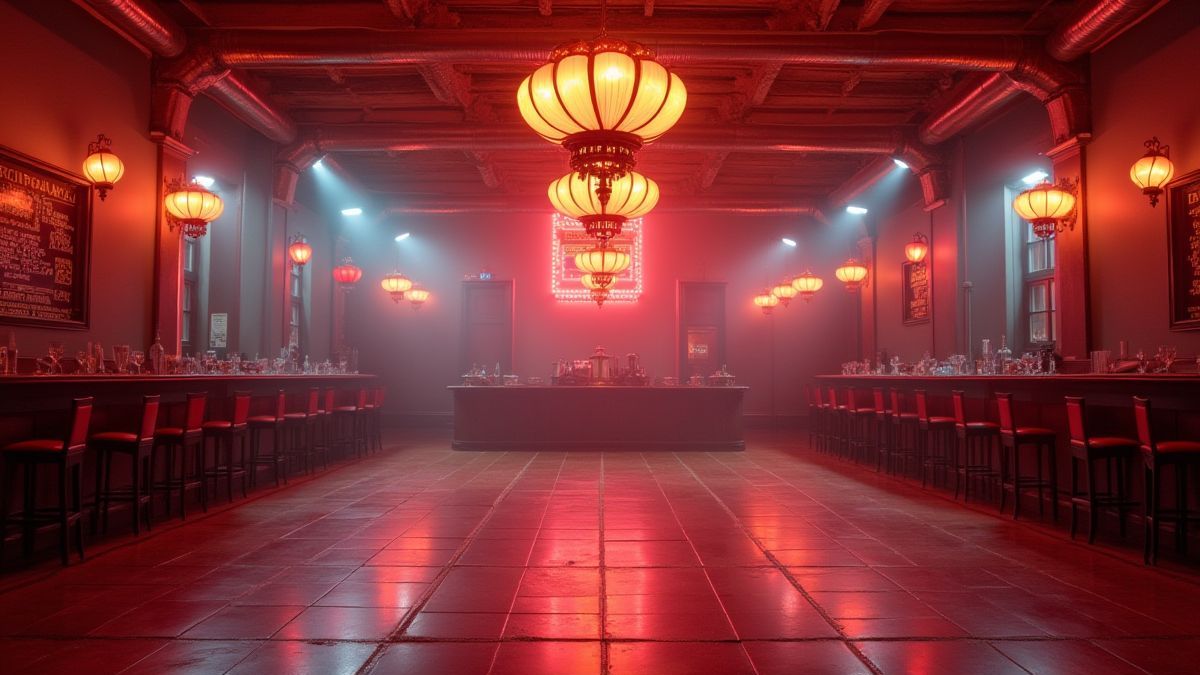 Salão de baile retrô com luzes penduradas e pista de dança.