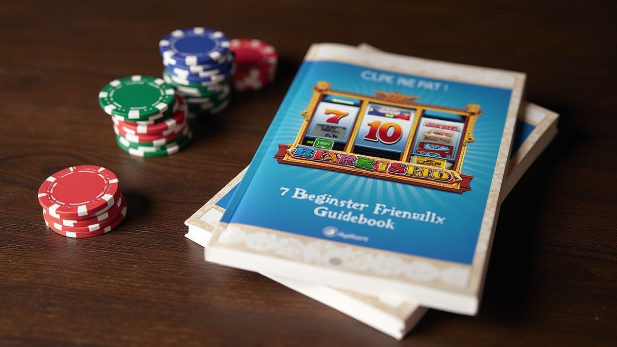 Guia para iniciantes junto a fichas de casino e rolos de slot.