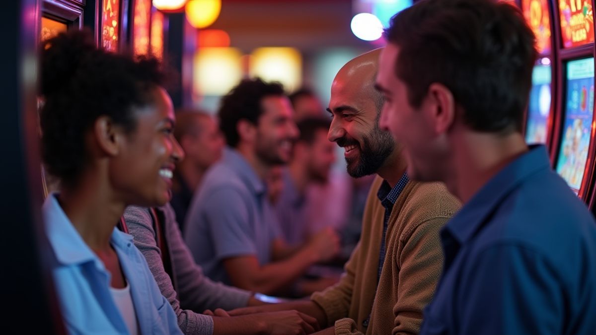 Grupo de pessoas jogando slots e sorrindo.