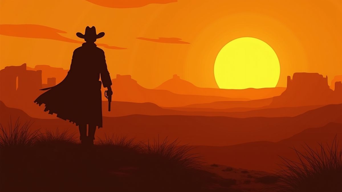 Cowboy em um paisagem desértica sob o pôr do sol.
