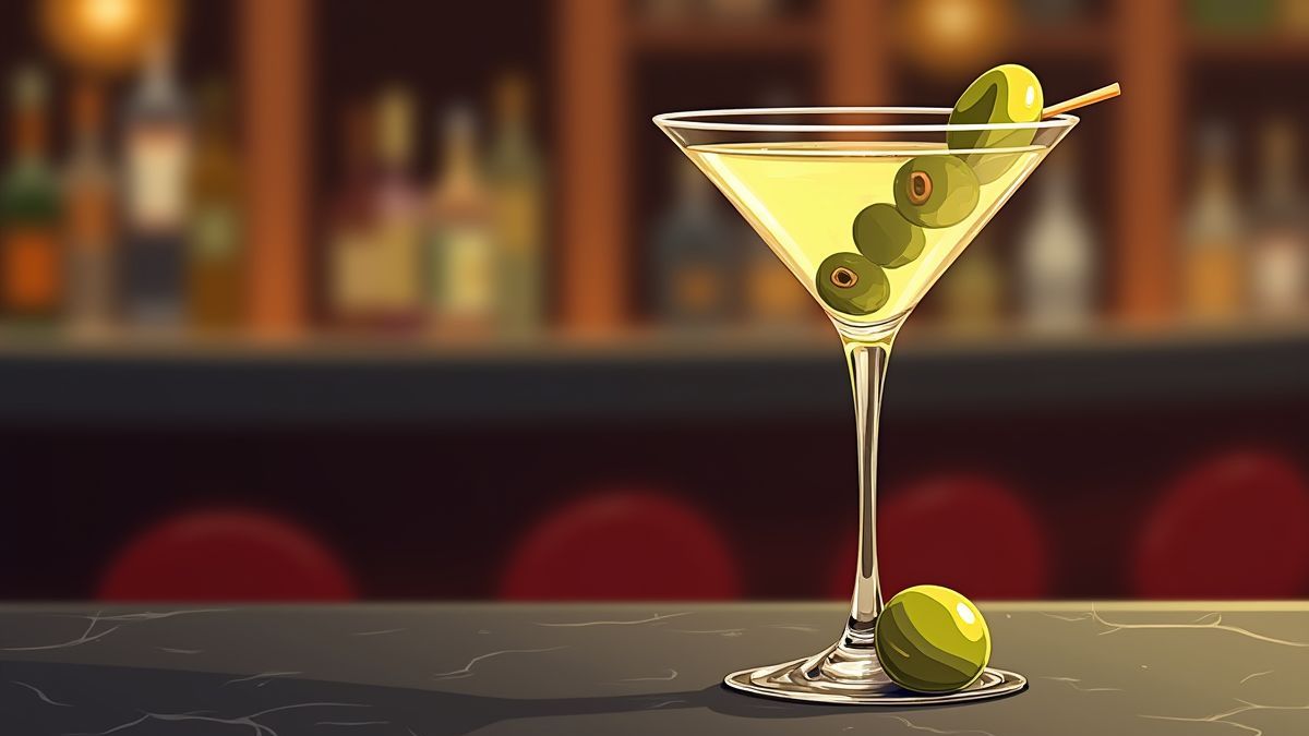 Ilustración de una copa de martini con fondo de bar.