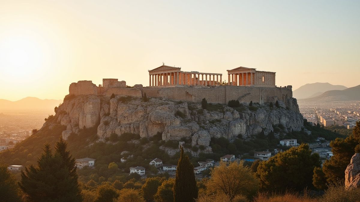 Vista panorâmica da Acrópole de Atenas iluminada pela luz dourada.