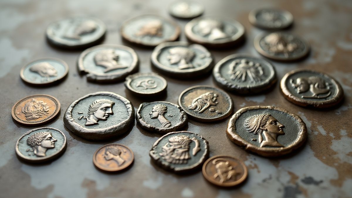 Moedas antigas gregas sobre superfície de mármore.