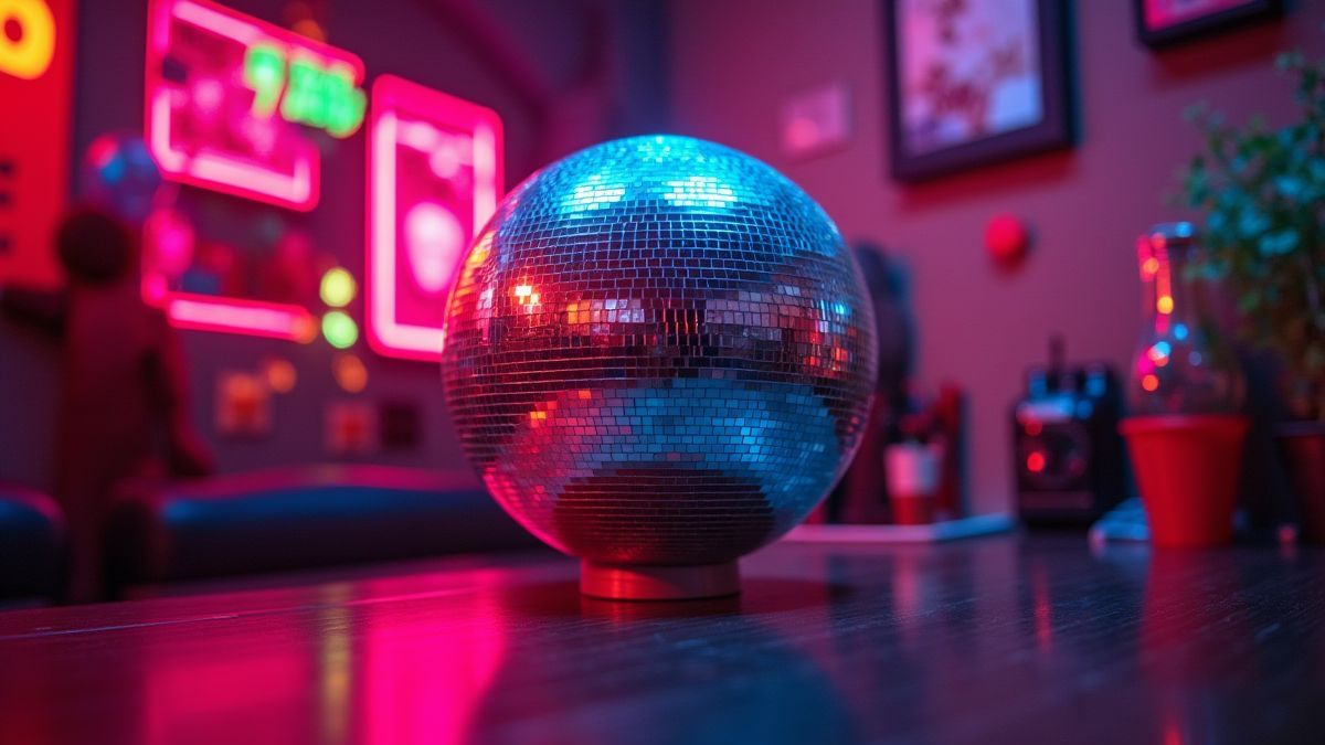 Una bola de discoteca rodeada de luces de neón y decoración retro.