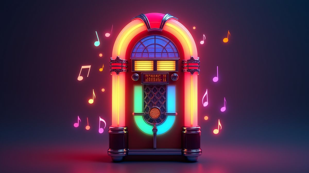 Una máquina de discos retro animada con luces de colores y notas musicales.