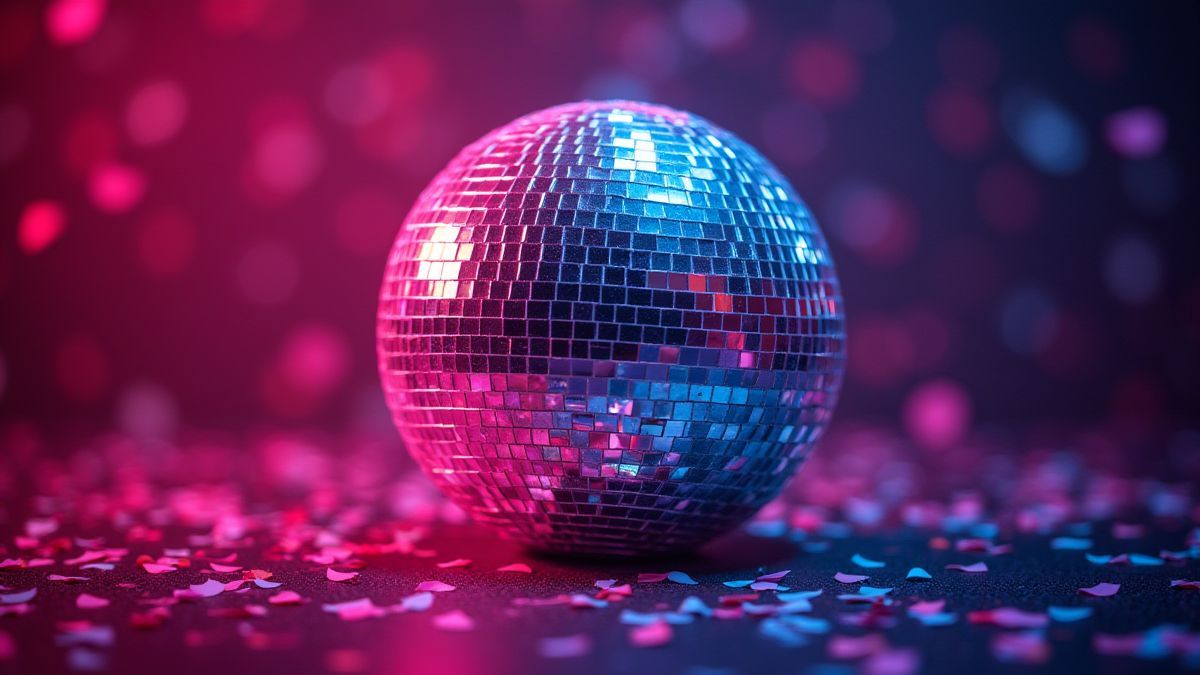 Une boule de discothèque brillante entourée de lumières néon et de confettis.
