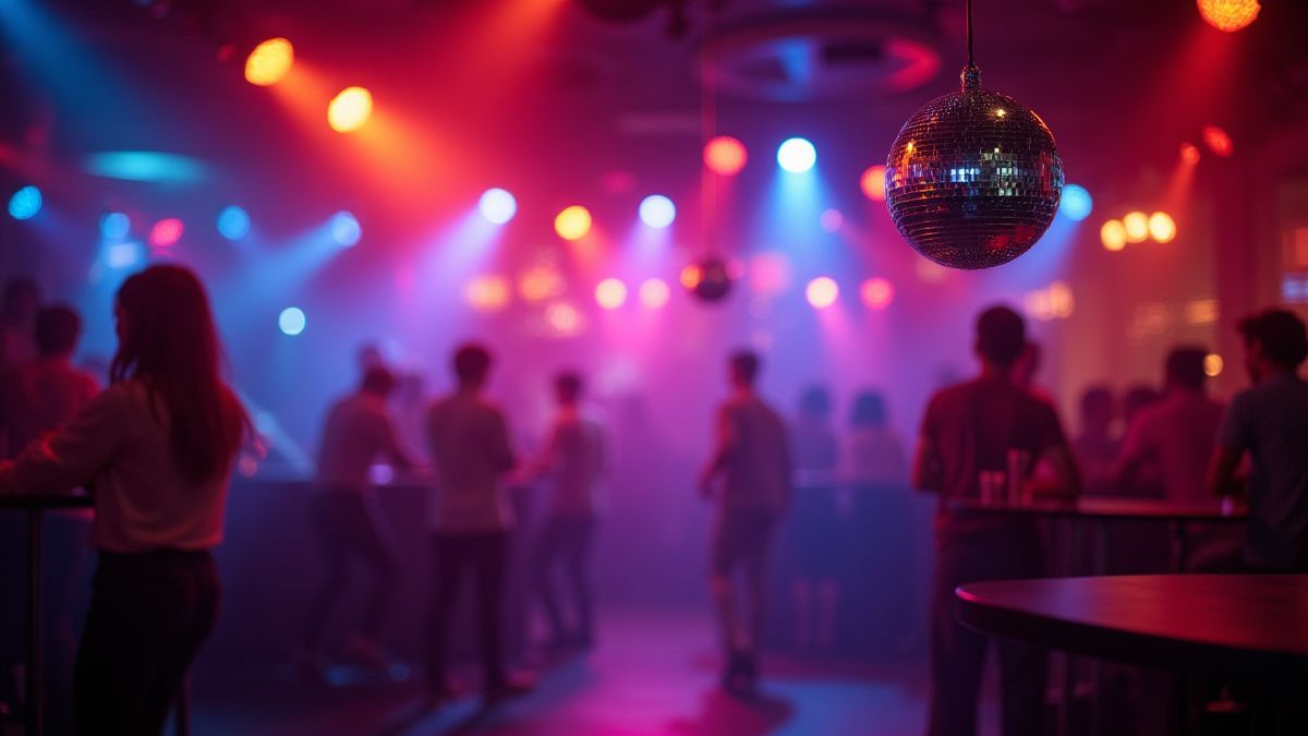 Retro disco club with colorful lights and a shiny disco ball.