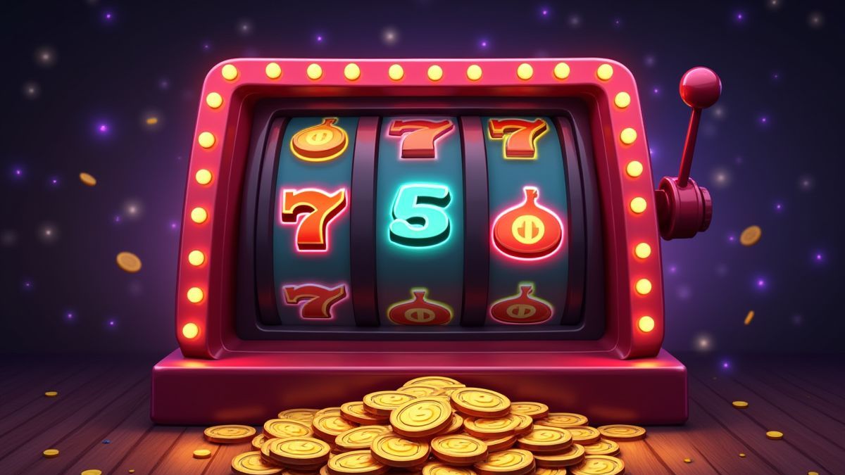 Payout scene in a retro-themed casino with colorful lights.