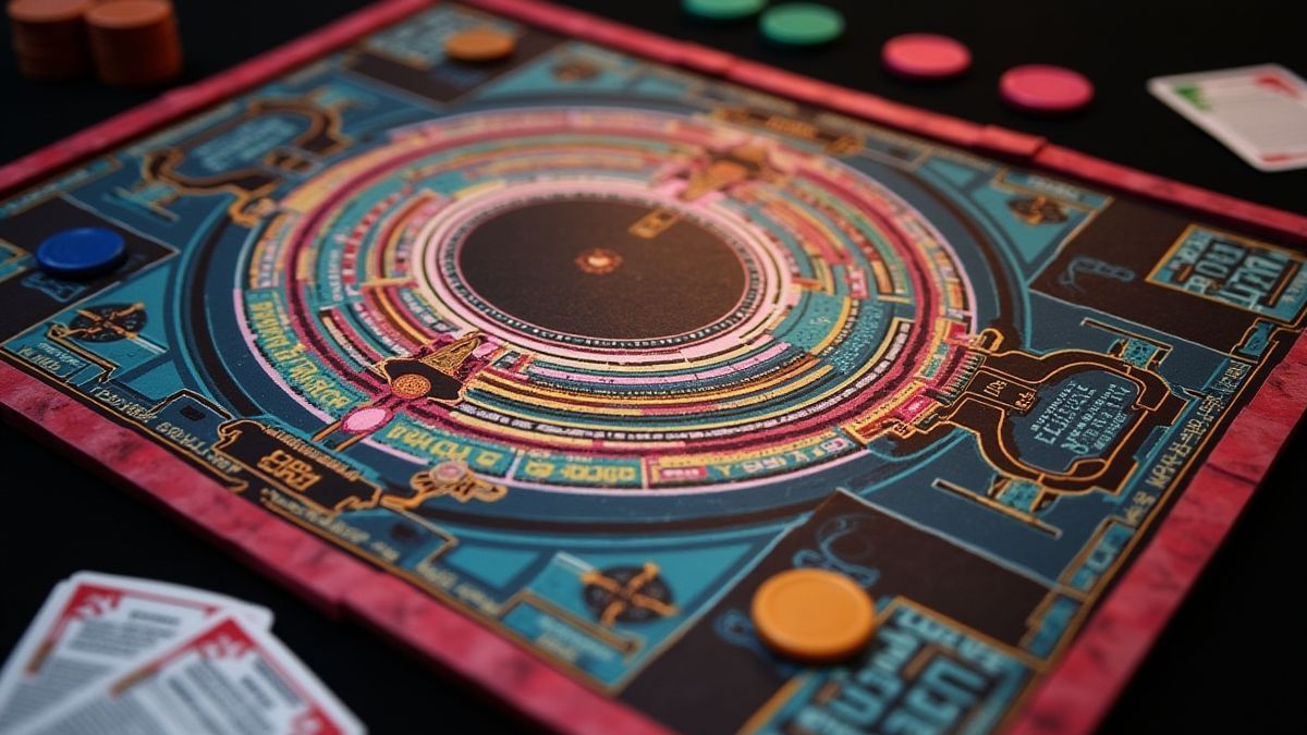 Strategy board with disco theme, chips, and cards.
