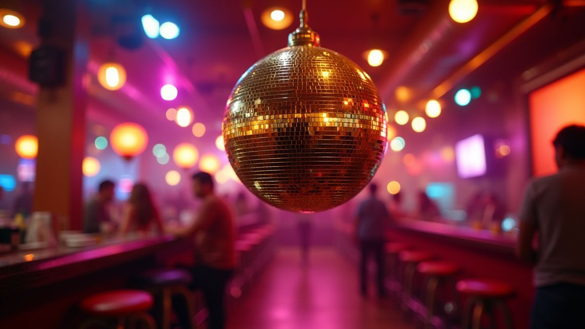 A golden disco ball in a 70s-style nightclub.