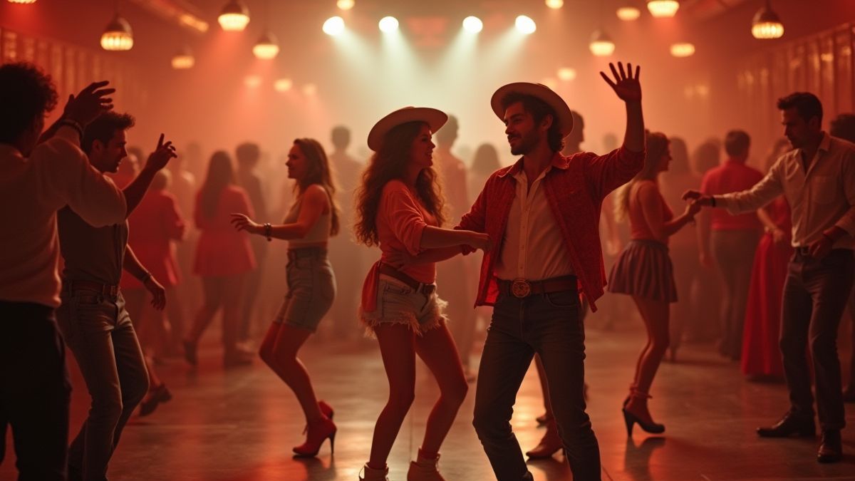 A retro dance floor with people dressed in 70s clothing dancing.